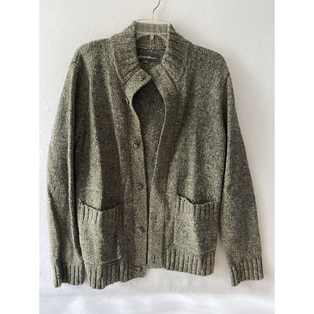 Eddie Bauer Sweater Womens Small Gray Cardigan Wool Blend Pockets Grandma Core